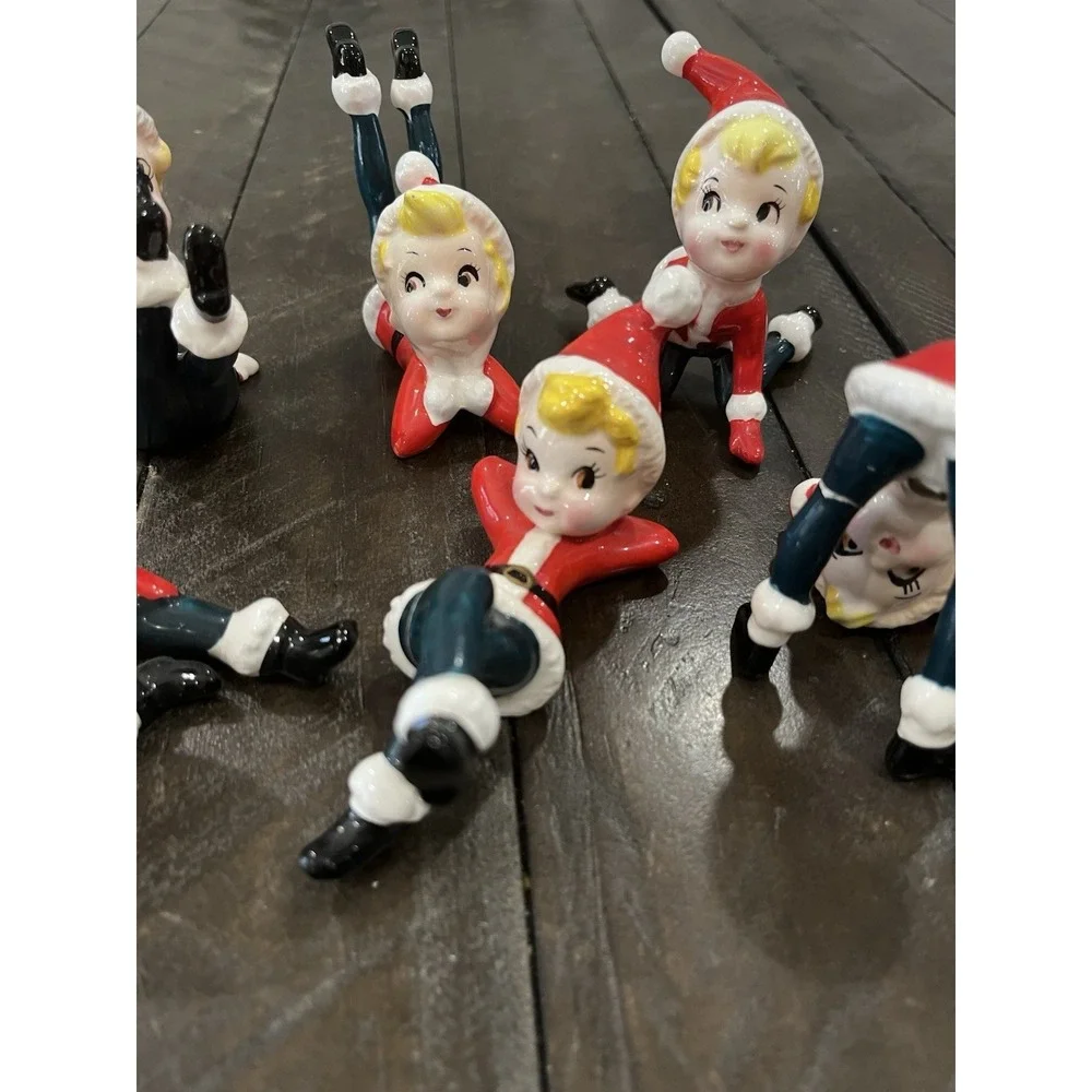 Complete Set of 6 Vintage Christmas Tumbling Elf Pixie Figurines Japan As‎ Is